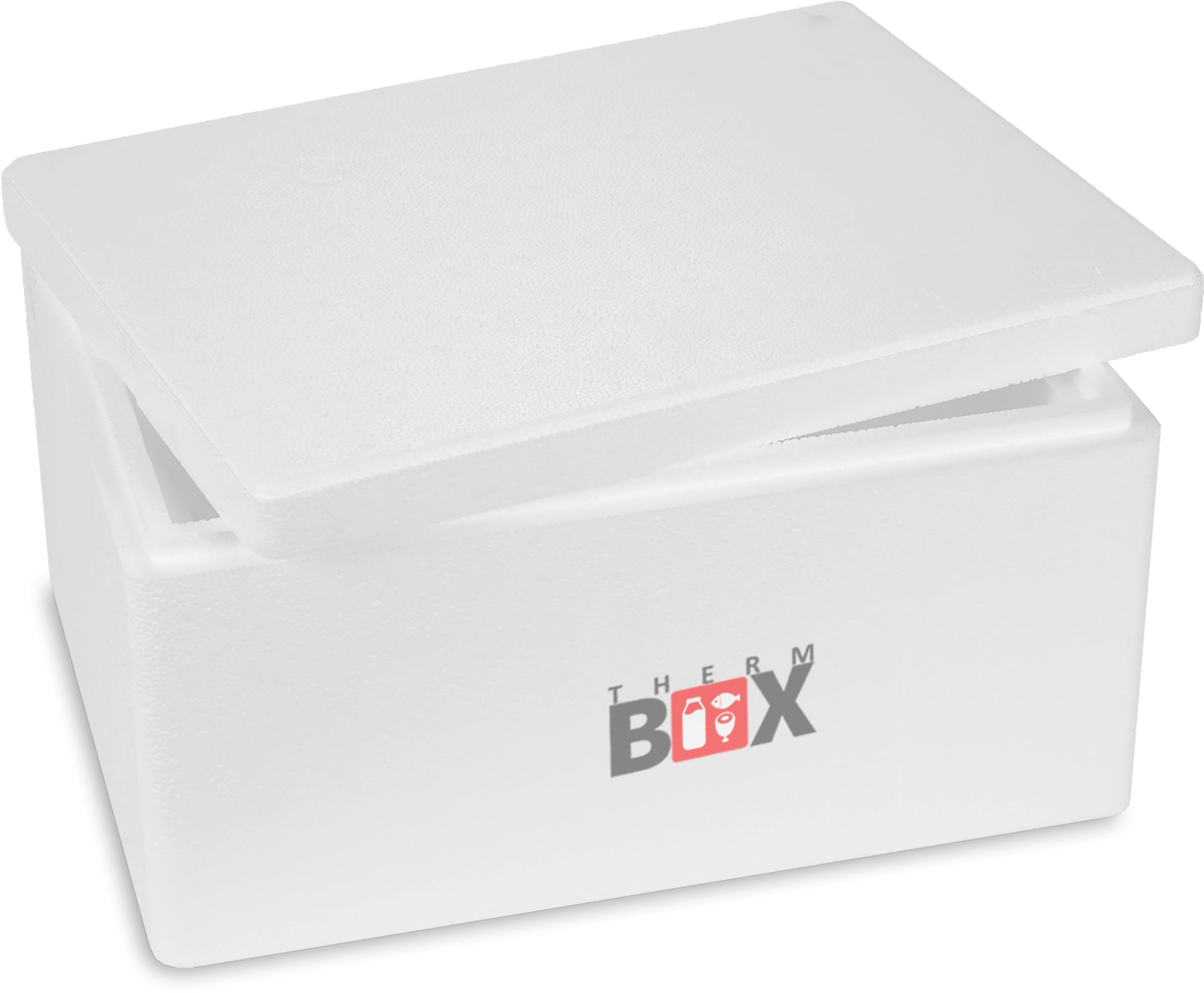 Therm box, polystyrene box with lid, thermal box for food and drinks, styrofoam cool box and hot box (40 x 30 x 21 cm – 12.24 litres volume).
