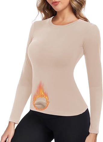 MOREFEEL Thermal Underwear Tops for Women Long Sleeve Crewneck Shirts - Fleece Lined Soft Stretch Fitted Baselayer for Winter