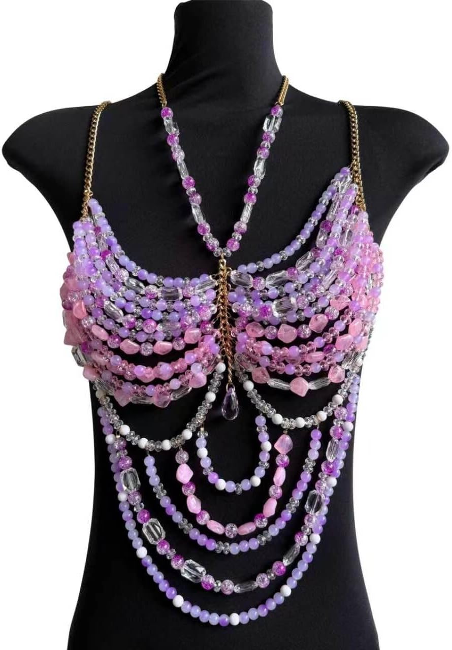 Pink Beaded Body Chain for Women, Crystal Bead Layered Chest Chain Harness, Adjustable Bikini Bra Chain Top Jewelry for Rave Festival Summer Beach Party