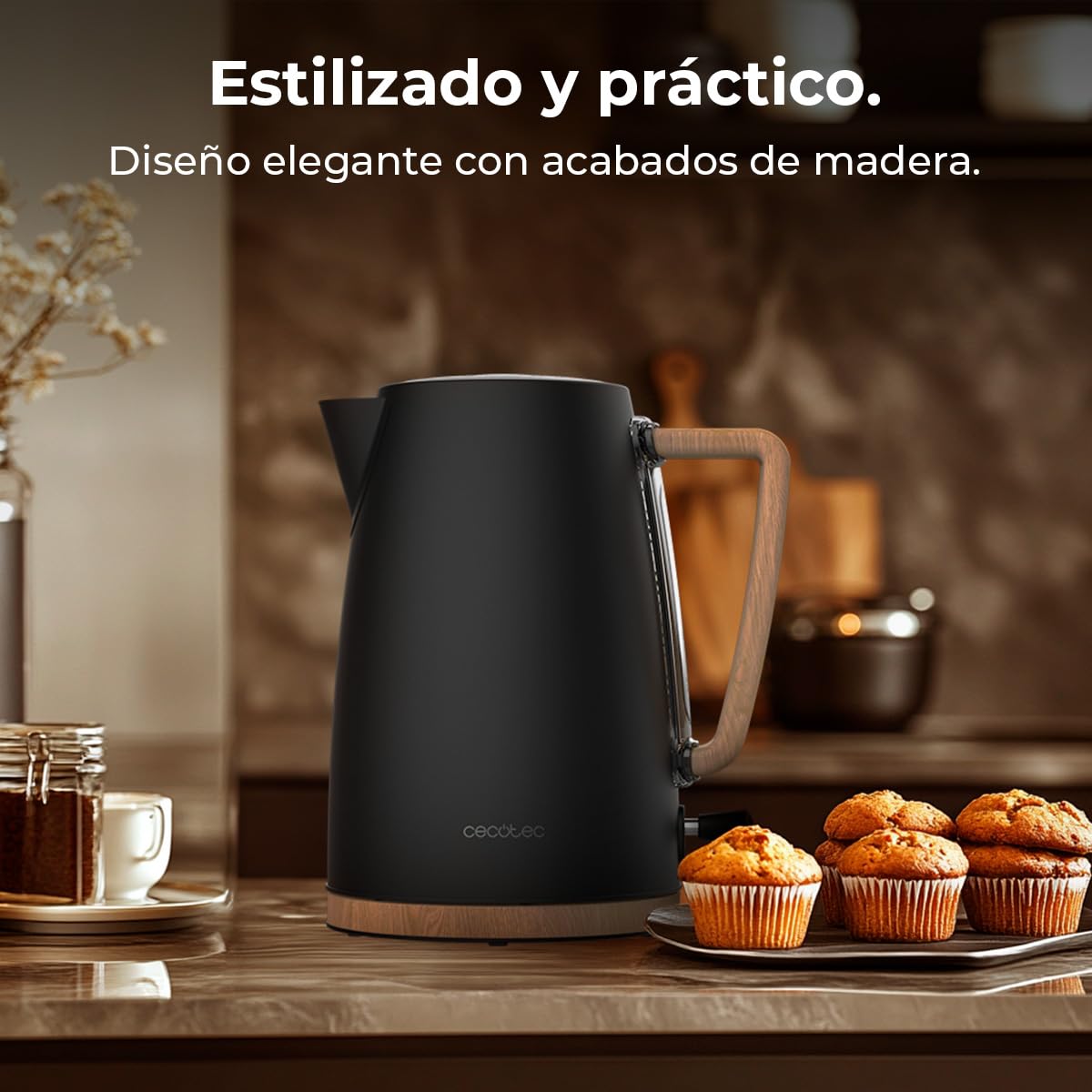 Cecotec Hervidor de Agua Eléctrico ThermoSense 200 Woody, 1,7 Litros, 2200 W, Fabricado en Acero inoxidable, Diseño elegante, Base con giro 360º, Filtro antical desmontable y lavable