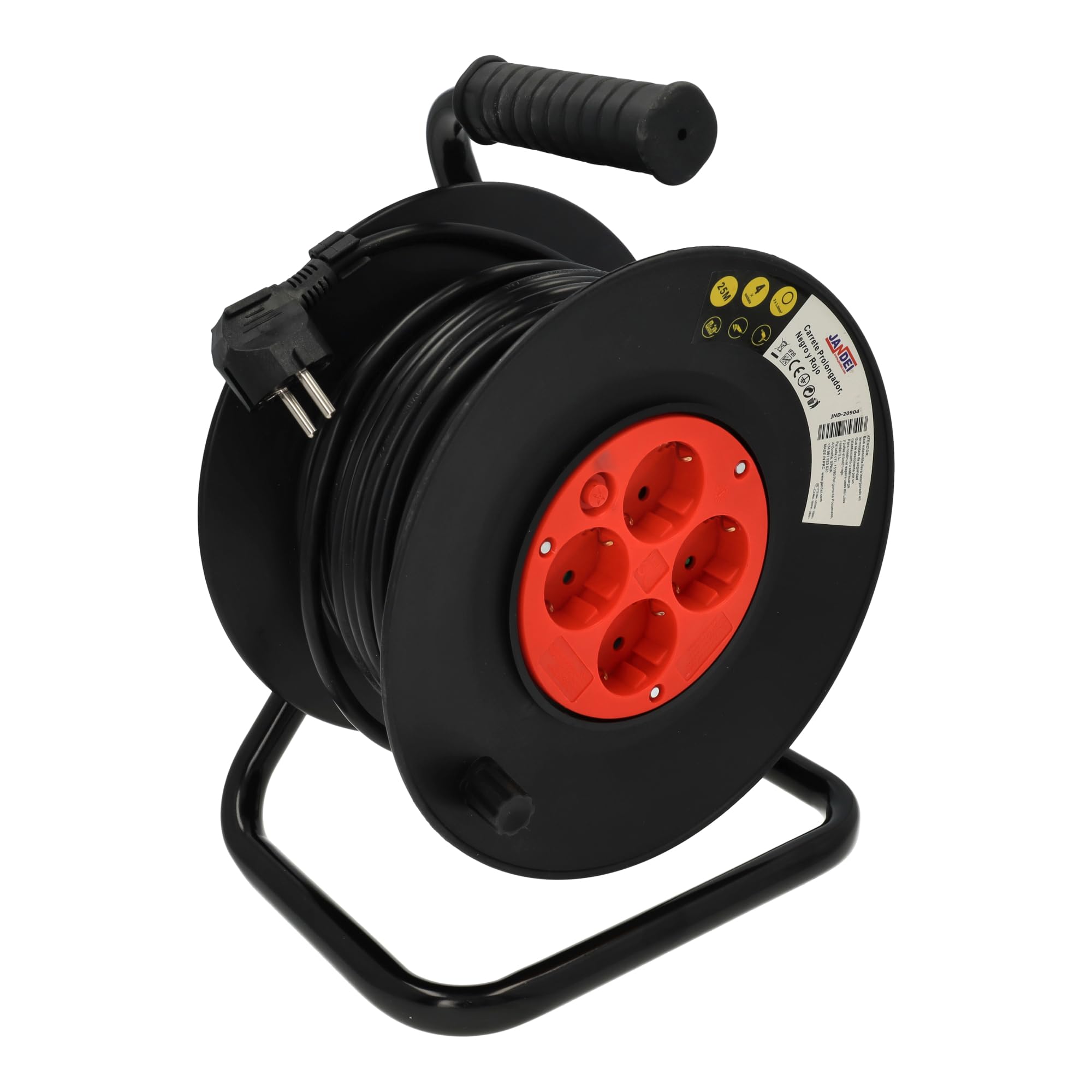 Jandei - Enrollacables de Carrete Prolongador Extensible Eléctrico con Asa, 25 Metros de Cable, Negro y Rojo. 4 Tomas Schuko