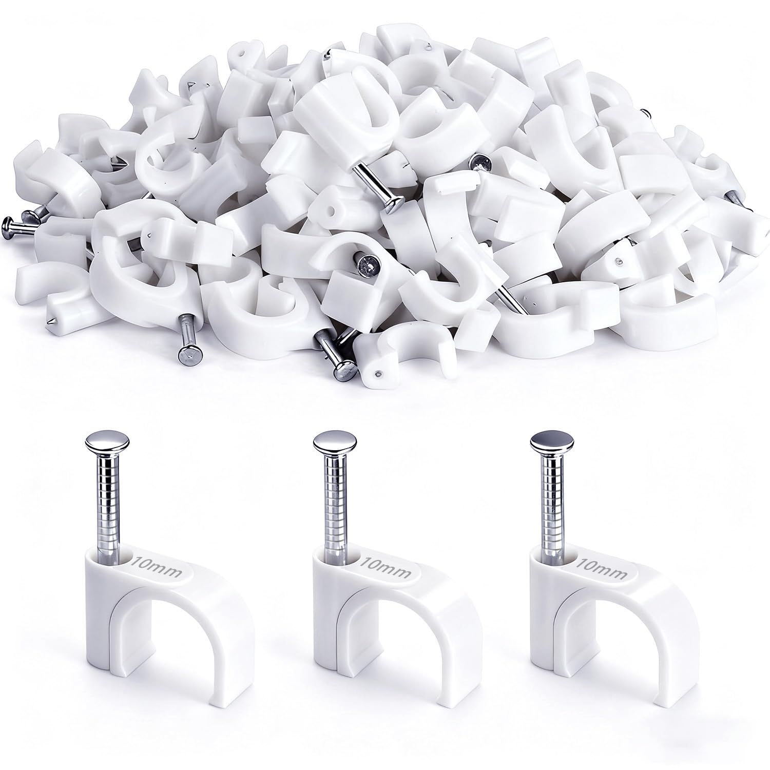 Photo 1 of 100PCS Cable Staples,10mm Cable Clips White,Cable Wire Clips Nail in Clips for Round Ethernet Cables Wall Clips Cable Tacks Electrical Wire TV Cable Speaker Wire Coax Clips (100Pcs 10mm)