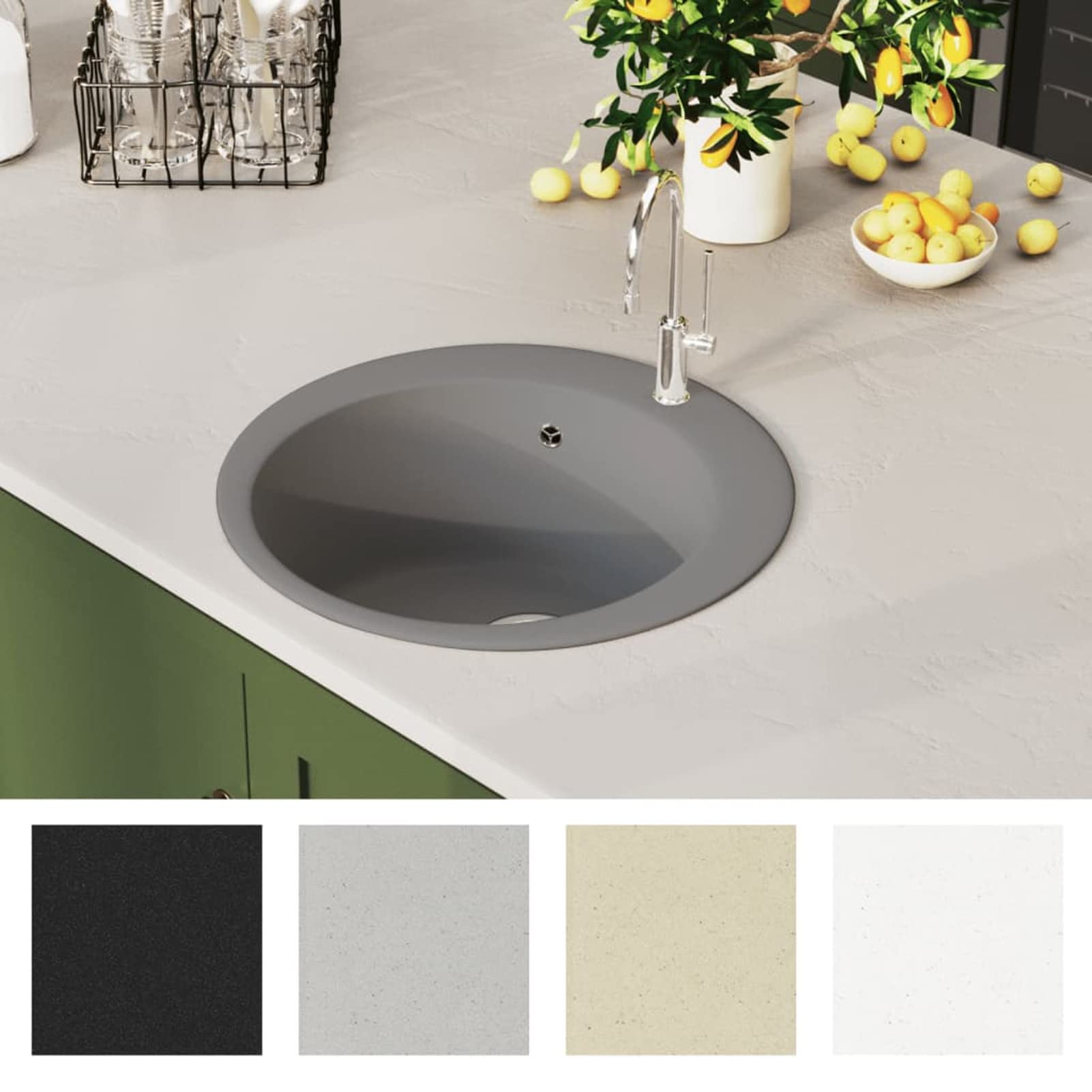 JUDYY Fregadero de Cocina de Granito con un Seno, Mueble Pila Lavadero, Pila Fregadero Cocina, Fregadero sobre Encimera, Fregadero Baño Encimera, Picas De Cocina, Redondo Gris