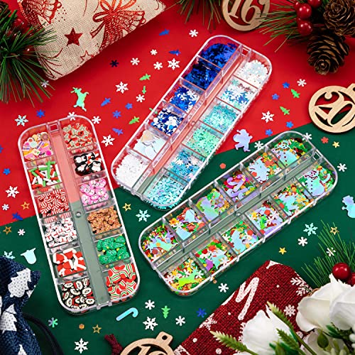 Noverlife 36 Grids Christmas Nail Art Sequins, 3D Holographic Laser Snowflake Star Holiday Nail Glitters, Xmas Nail Clay Slices, Manicure Sparkly Confetti Nail Flakes Nail Decals Paillettes #TOP6