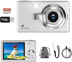 Câmera digital 4K, câmera vlogging de 50 MP com cartão SD 32G, zoom de 16x, flash, câmera digital compacta portátil pequena para crianças estudantes, adolescentes adultos iniciantes (prata)