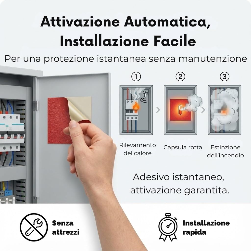 Adesivo piccolo estintore automatico 4×10 cm | Protezione antincendio senza manutenzione | Tecnologia microcapsulare | Per armadi elettrici, veicoli e batterie al litio