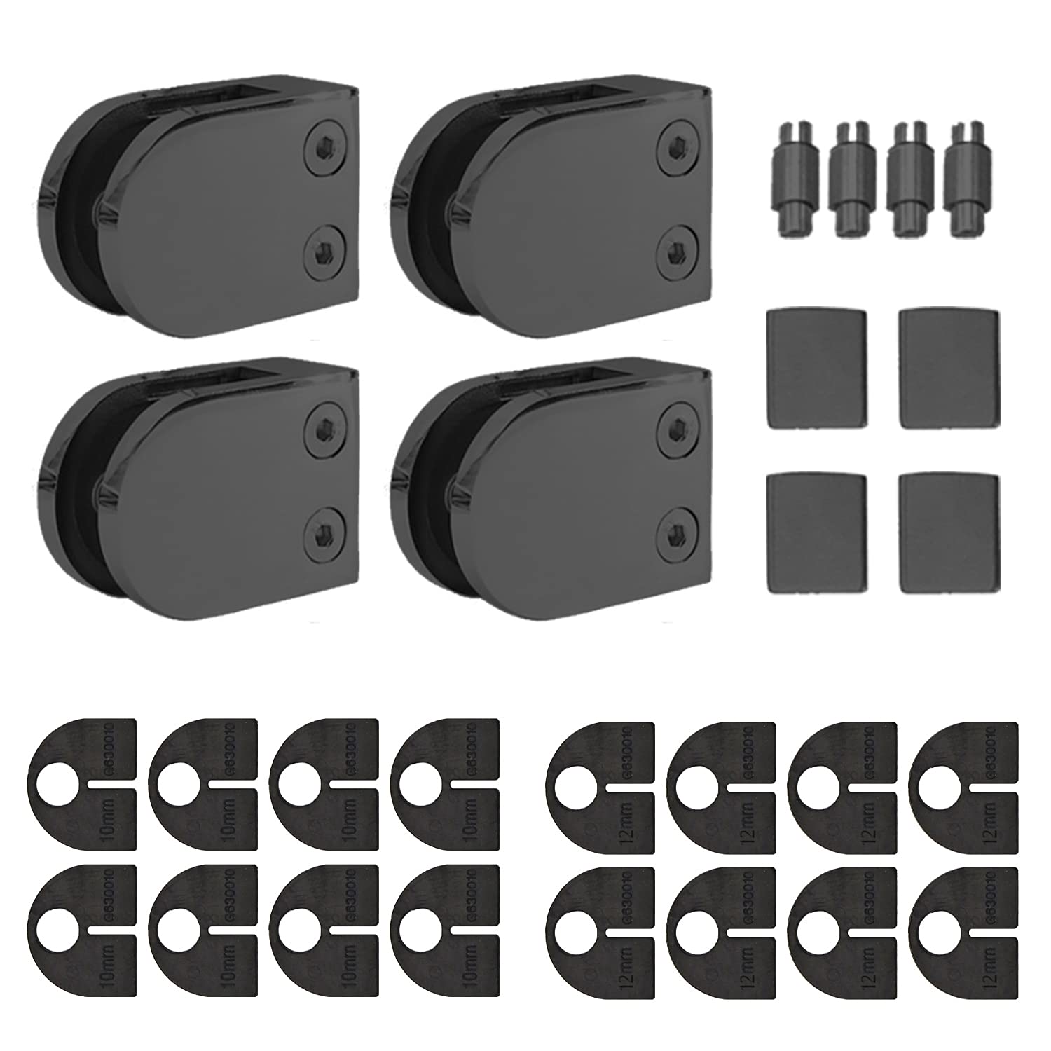 40-Pack, Stainless Steel 316 Grade Flat Back Round Glass Clamp 63 x 45 mm for 3/8" - 1/2" Tempered Glass or Laminated Glass, Matt Black Finish (GC-064B-40)