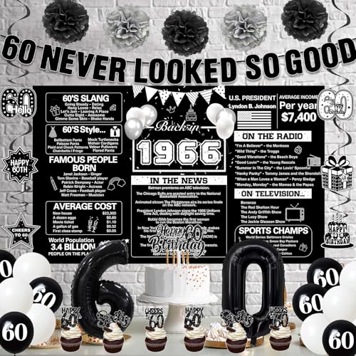 Image of Crenics Black 1966 60th Birthday Decorations for Men Women | Back in 1966 Backdrop, Banner, Paper Pom Poms, Hanging Swirls, Cake Topper and Balloons for 60 Birthday Party Supplies