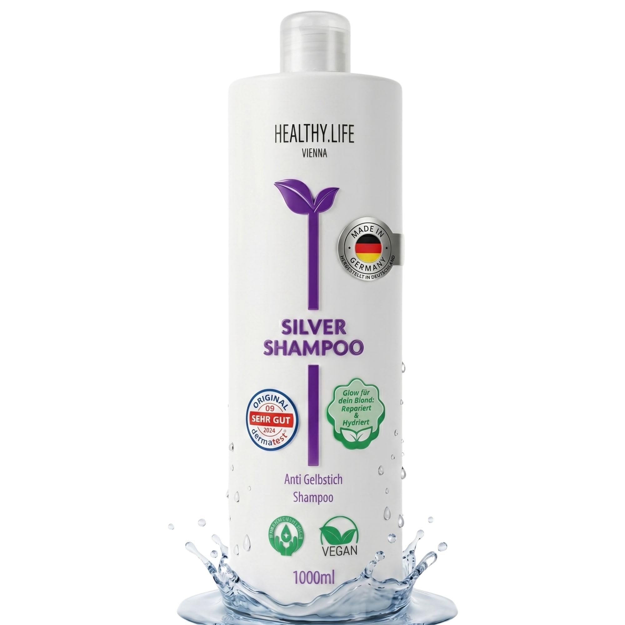 HLV - Silver Shampoo – VEGAN, mit Ultraviolettem Farbstoff Gegen Gelb & Graustich | Für Blondes, Weißes & Graues Haar | Mildes Anti-Yellow Shampoo, Wirkt Ohne das Haar zu Beschädigen, 1000 ml