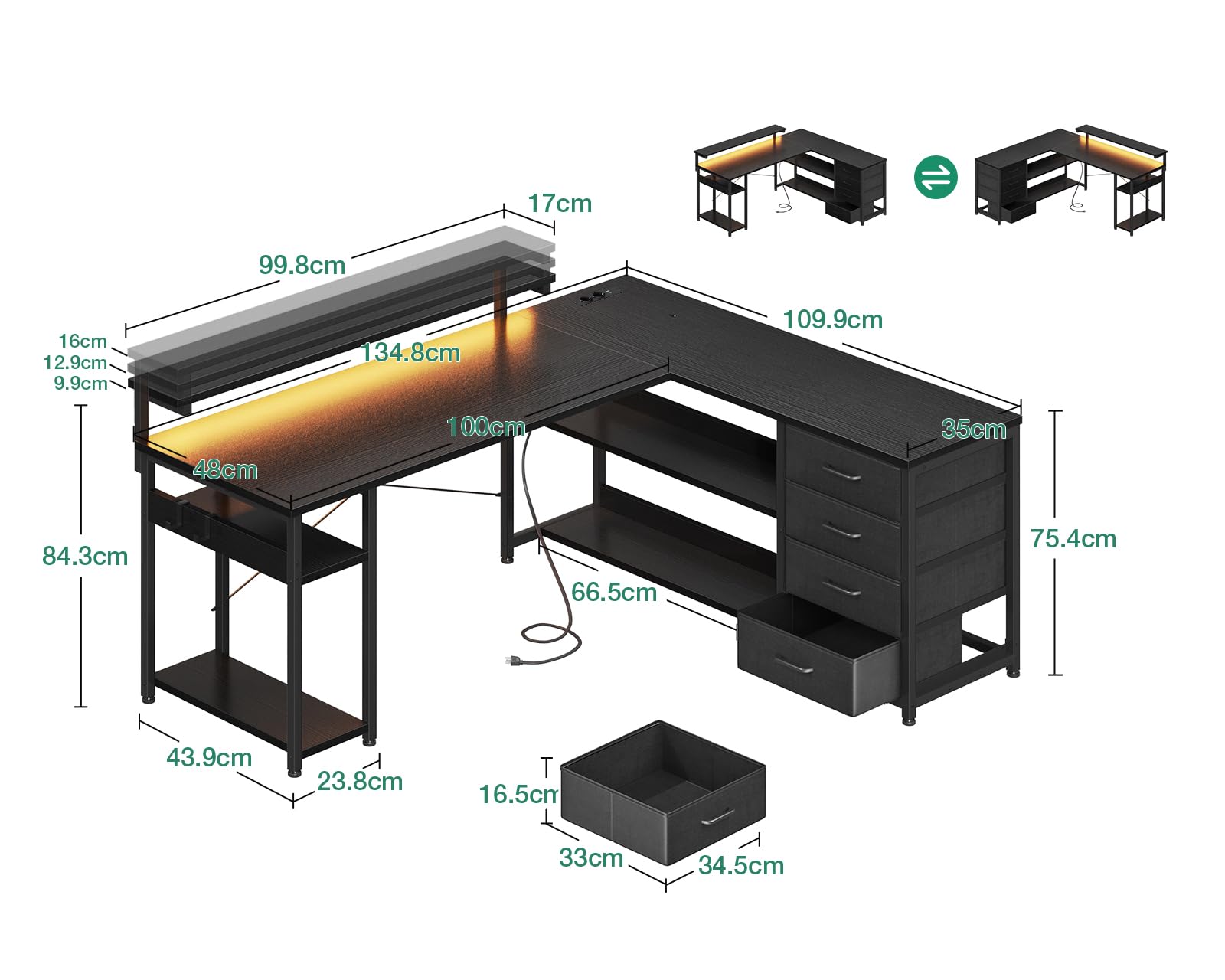 ODK Scrivania con Cassetti, Scrivania ad Angolo Reversibile con 2 Prese e 2 Porte USB, Scrivania ad L con LED per Ufficio a Casa, Nero, 135×110 cm