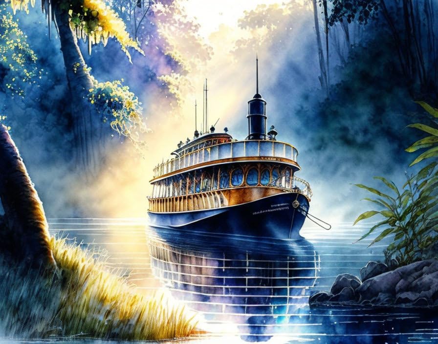 Petite pagaie vapeur rivière affiche jungle rayons de soleil grand format 58x90 cm