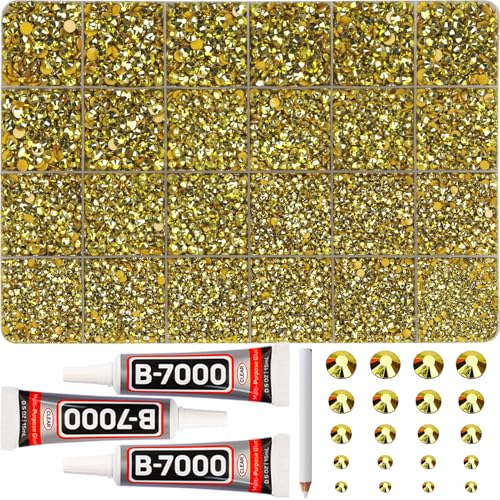 31000Pcs Metallic Gold Rhinestones for Bedazzling Assorted Sizes 2-6mm Flatback Gems Bedazzle Kit with b-7000 Glue Flat Back Resin Diamond Crystal Jewel Gemstone Rhine Stone for Crafts Clothing