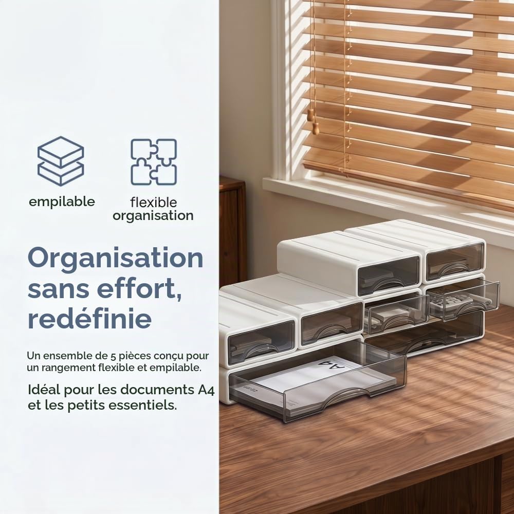 Lot de 5 Boîtes de Rangement Empilables, Organisateur de Bureau avec Tiroirs, 4 Petits + 1 Grand, Contenant en Plastique Blanc pour Papeterie, École, Maison, Gain de Place