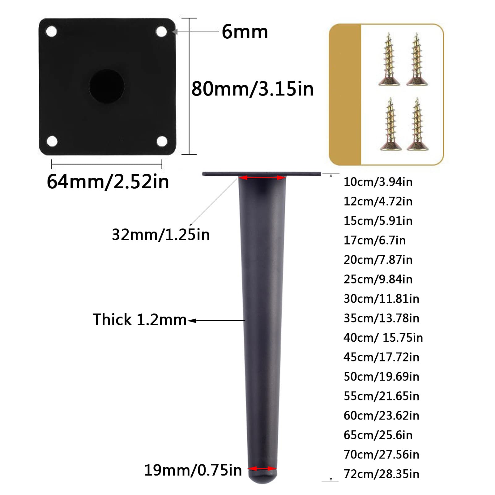 4 Pezzi Gambe Mobili in Metallo, Ricambio Gambe per Divani Cono Dritti, Piedi di supporto per Mobile, Fai da te per Armadi TV Cabinet Tavolo Sedia, Nero, con Viti (50cm/19.69in)