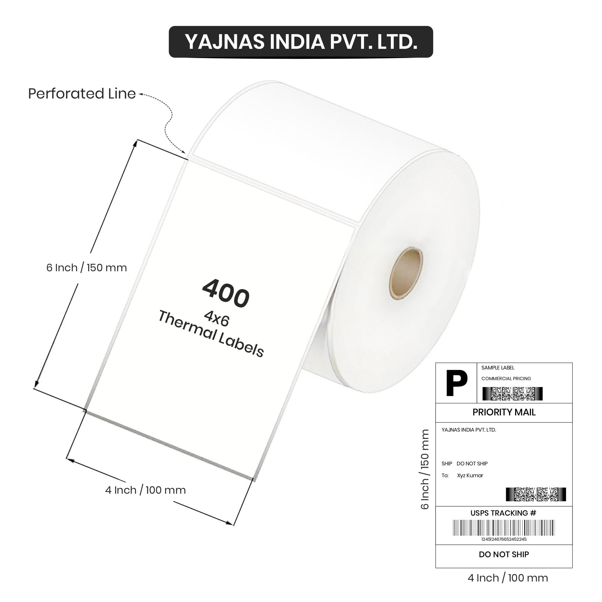 YAJNAS Lot de 12 étiquettes d'expédition thermiques directes (100 x 150 mm), rouleau d'étiquettes autocollantes pour imprimante thermique, adresses de code-barres, étiquettes de courrier de colis pour