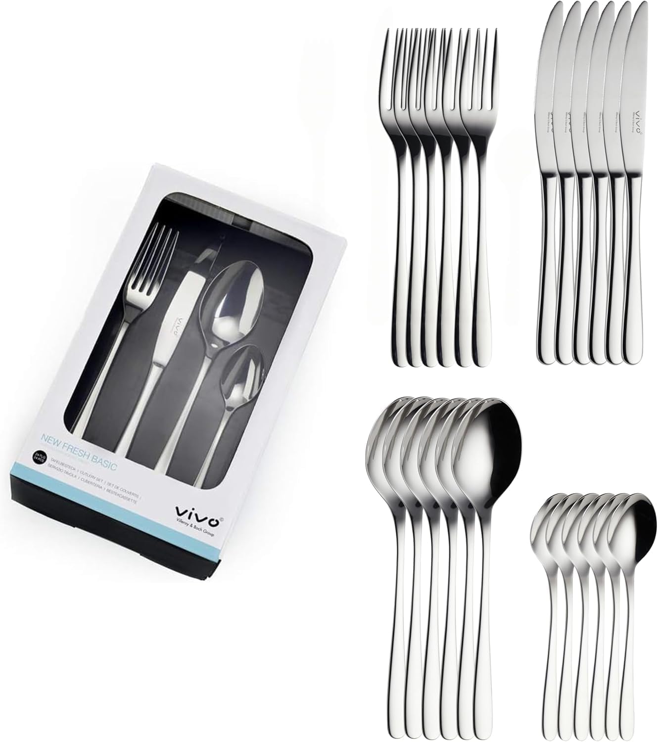 Villeroy & Boch Vivo Group-New Fresh Basic Service, 24 Pieces, Universal Cutlery Set Day Use, 18/10 Stainless Steel, Silver