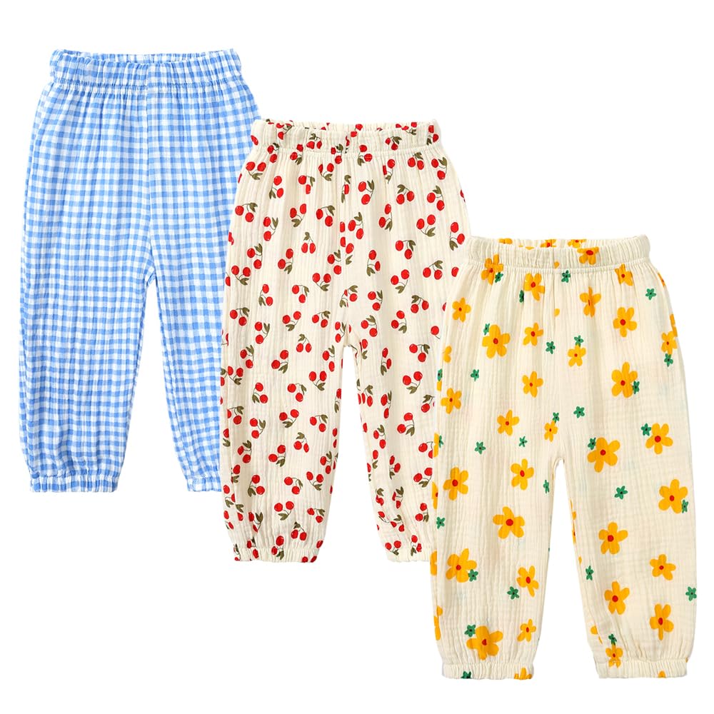 Kids Tales 3 Pack Boys Girls Cotton Linen Pants Child Basic Plain Solid Trousers Big Kids Elastic Waist Long Pants Bloomers