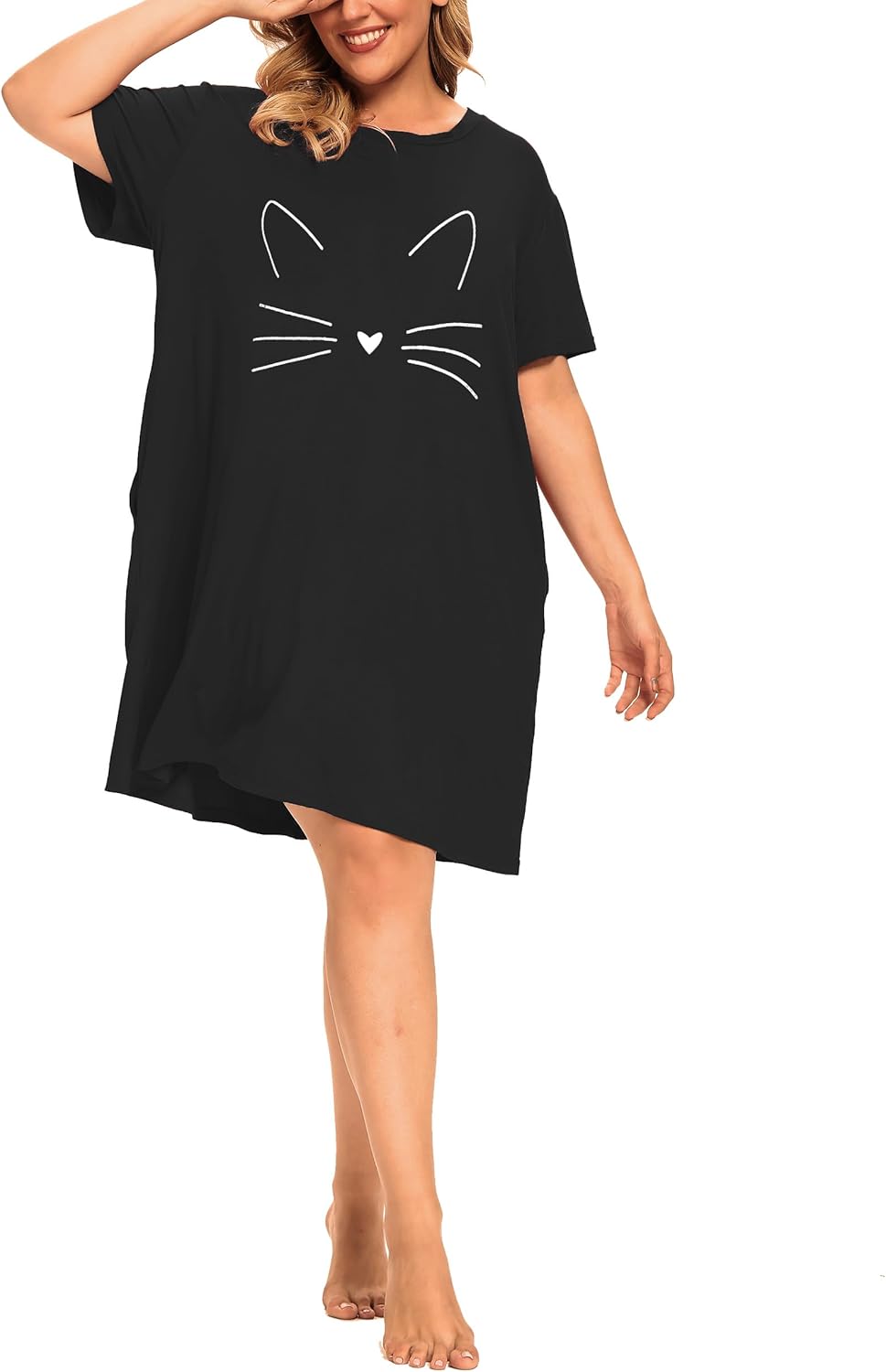 Plus Size Cat Graphic Nightgowns Women Cute Sleepwear Night Gown Dresses Sleep Shirts Pockets - Image 4