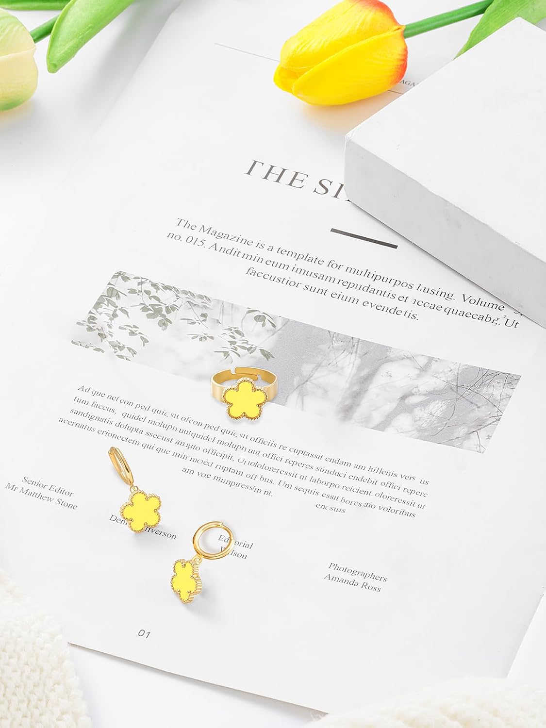 Gold Plated Five Leaf Clover Rings and Dangle Earrings Set for Women Lucky Flower Jewelry image 5