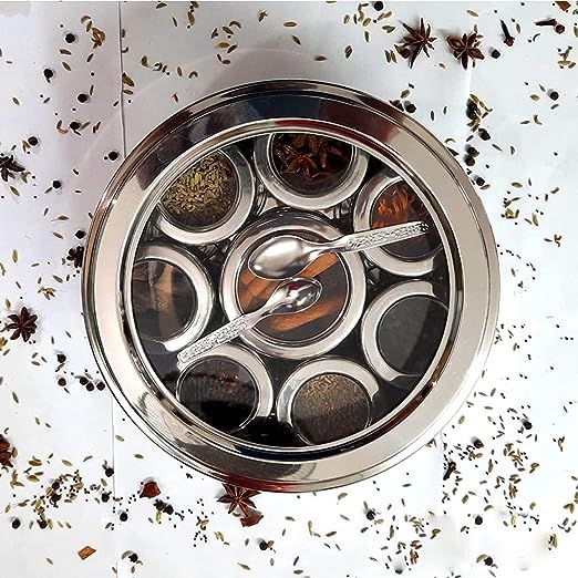 AIRA HOME AND KITCHEN 8 in 1 Spice Box Stainless Steel Masala Dani for Kitchen | See through lid 8 containers and 2 Spoons | Silver (2 Ltr | Large | 20.5cm) (8 IN 1)