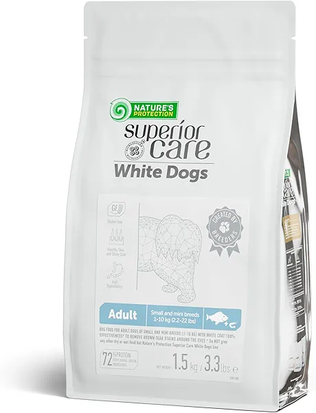 Nature's Protection Dry Dog Food for Small Breed - High Protein, Grain-Free, Anti-Tear Stain Diet for White & Light Fur Adult Dogs, Small Bites Kibble (Superior Care - White Fish, 3.3 lb)
