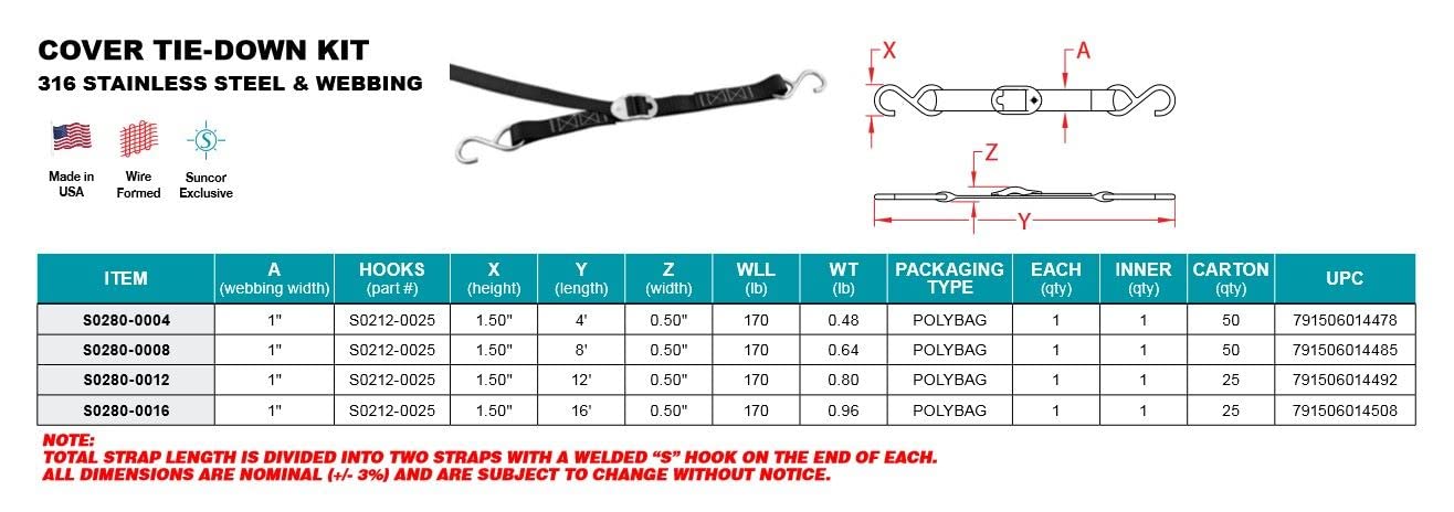 16' TRAILER & BOAT COVER TIE DOWN WITH STAINLESS HARDWARE (S0280-0016)