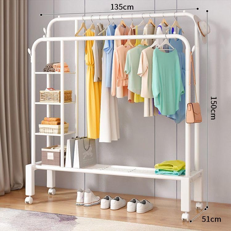 Image of HomeCloud Cloth Drying Stand | Multipurpose Dual Rod + Wheels Garments Rack with Bottom Shelf for Coat Hanger Home, Storage Organizer 1pc (Shelves White)
