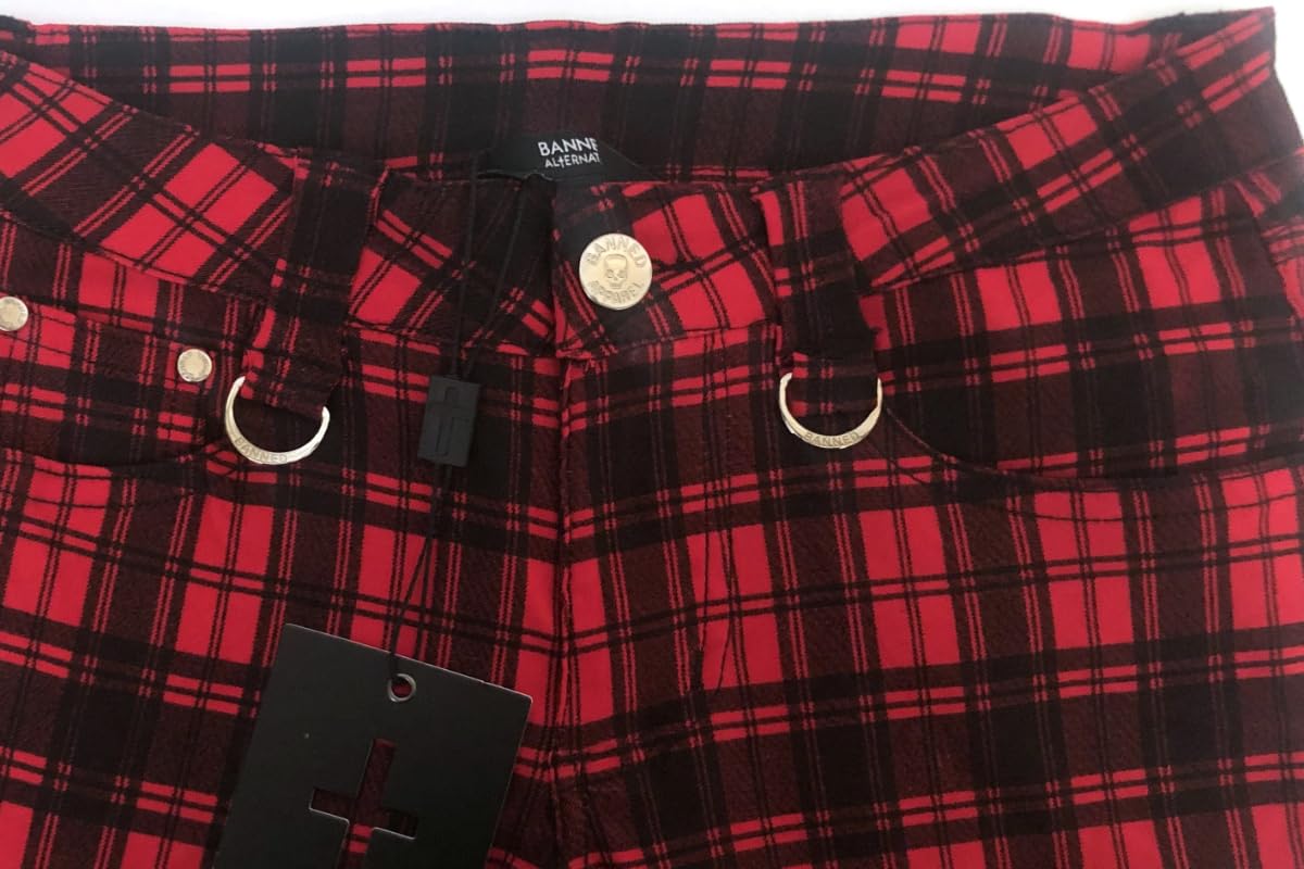 Röhrenhose Karo Hose Damen Karierte Hosen Punk Emo Alternative Mode, Rot, XL