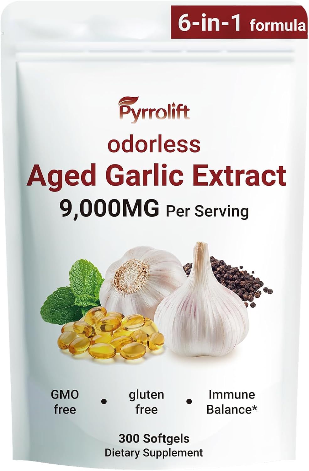 Aged Garlic Extract - 9000mg Odorless, Heart & Immune Support Herbal Formula with Vitamin D, Zinc, Oregano & Olive Leaf, High Potency Antioxidant Supplement, 300 Softgels