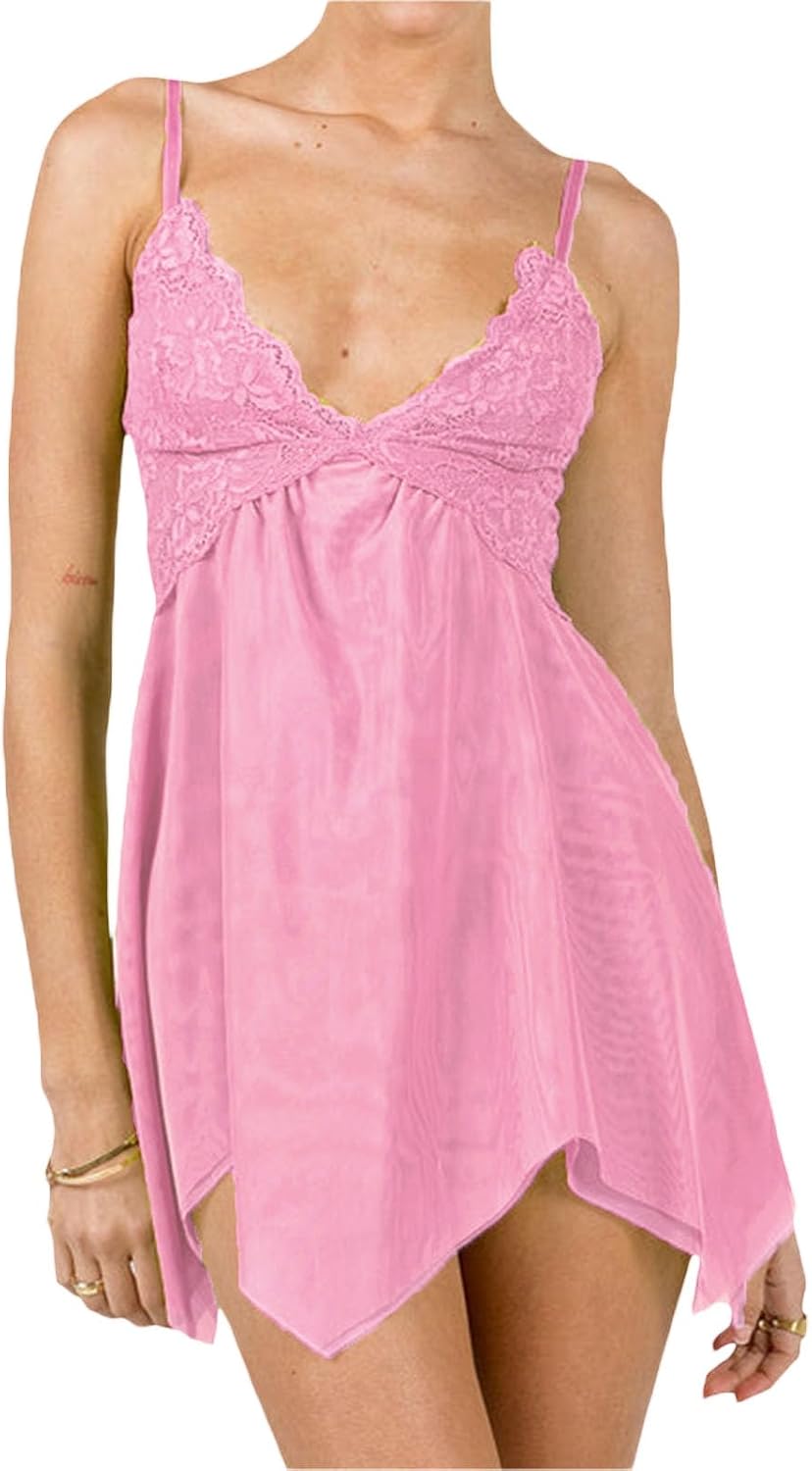 Women Fairy Lace Dress Spaghetti Strap Sexy Mesh Mini Dress Sleeveless Slip Backless Lace Trim Nightgown Lingerie