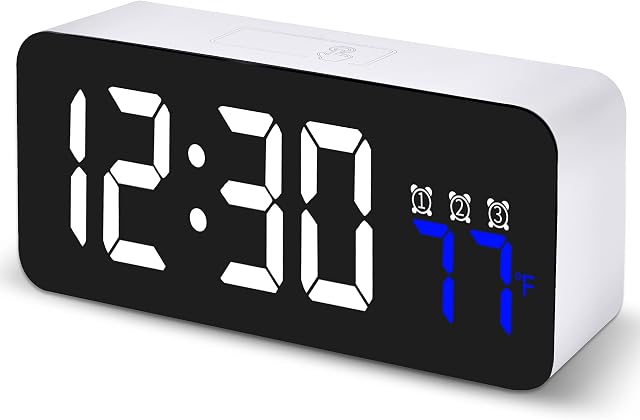 Alarm Clock, Digital Alarm Clocks Bedside with Temperature Display Snooze Brightness Voice Control, 12/24hr, USB Battery Powered LED Alarm Clock with 3 Alarms for Bedside Bedroom Office Travel, White
