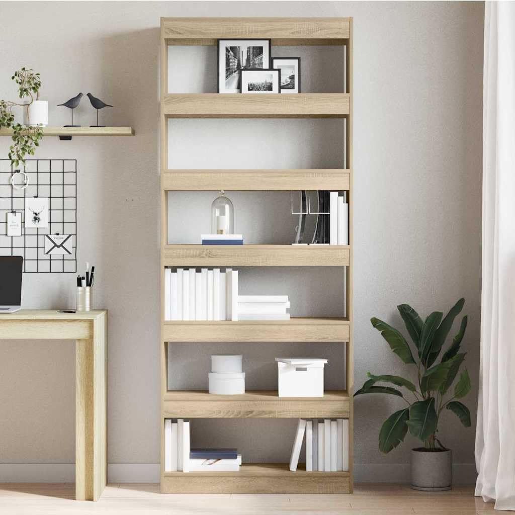Libreria in rovere Sonoma, 80 x 30 x 198 cm, 6 scomparti | Moderna mensola divisoria aperta con 6 grandi ripiani in legno per soggiorno, ufficio e corridoio.