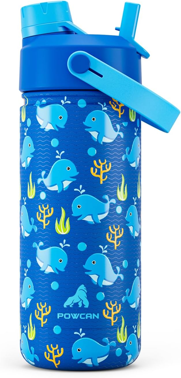18 oz Water Bottle Kids for Preschooler: Leakproof, BPA-Free, Keep Cold 24H, Easy Clean, Insulated Stainless Steel Cup with Straw Spout Lid for School, Backpack, Sports, Travel, Camp (Playful Dolphin)