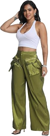 Metallic High Waisted Cargo Pants for Women Wide Leg Shiny Baggy Streetwear Trousers