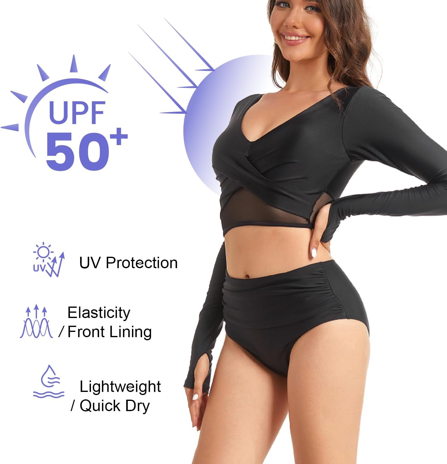 NESY Womems Rash Guard Swimsuit Long Sleeve Two Piece Bathing Suit UV Protection Crop Top Swimwear - Image 3