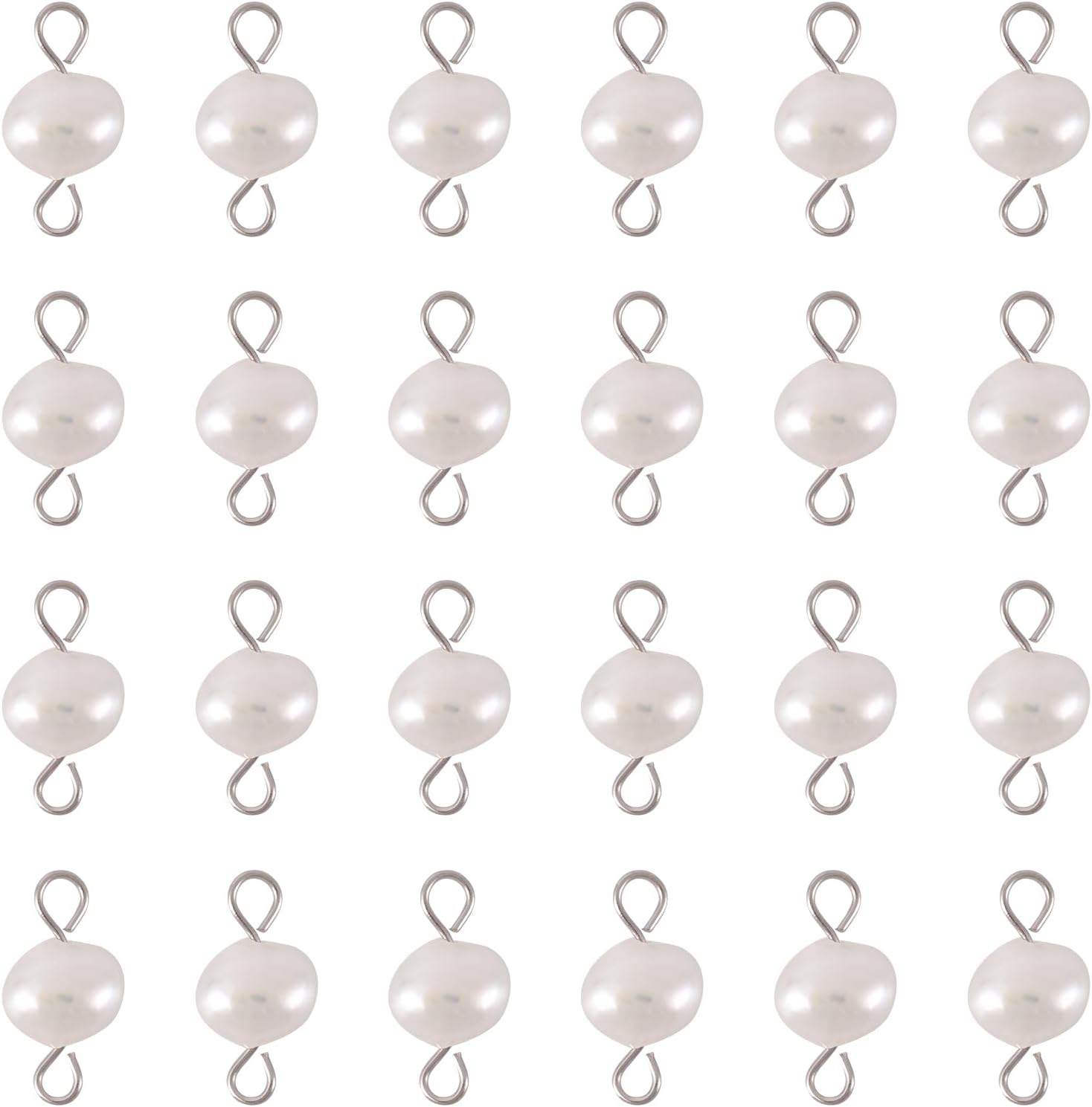 Pandahall 100pcs Freshwater Pearl Connector Charms Natural Pearl Connector Beads with 304 Stainless Steel Loops for DIY Pendants Bracelets Necklaces Earrings Making, Holes: 1.5-2.5mm(White)