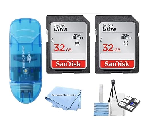 Extreme Electronics 2Pcs 32GB Ultra Class 10 SDXC UHS-I SD Memory Card Kit for Canon Cameras + Accessories