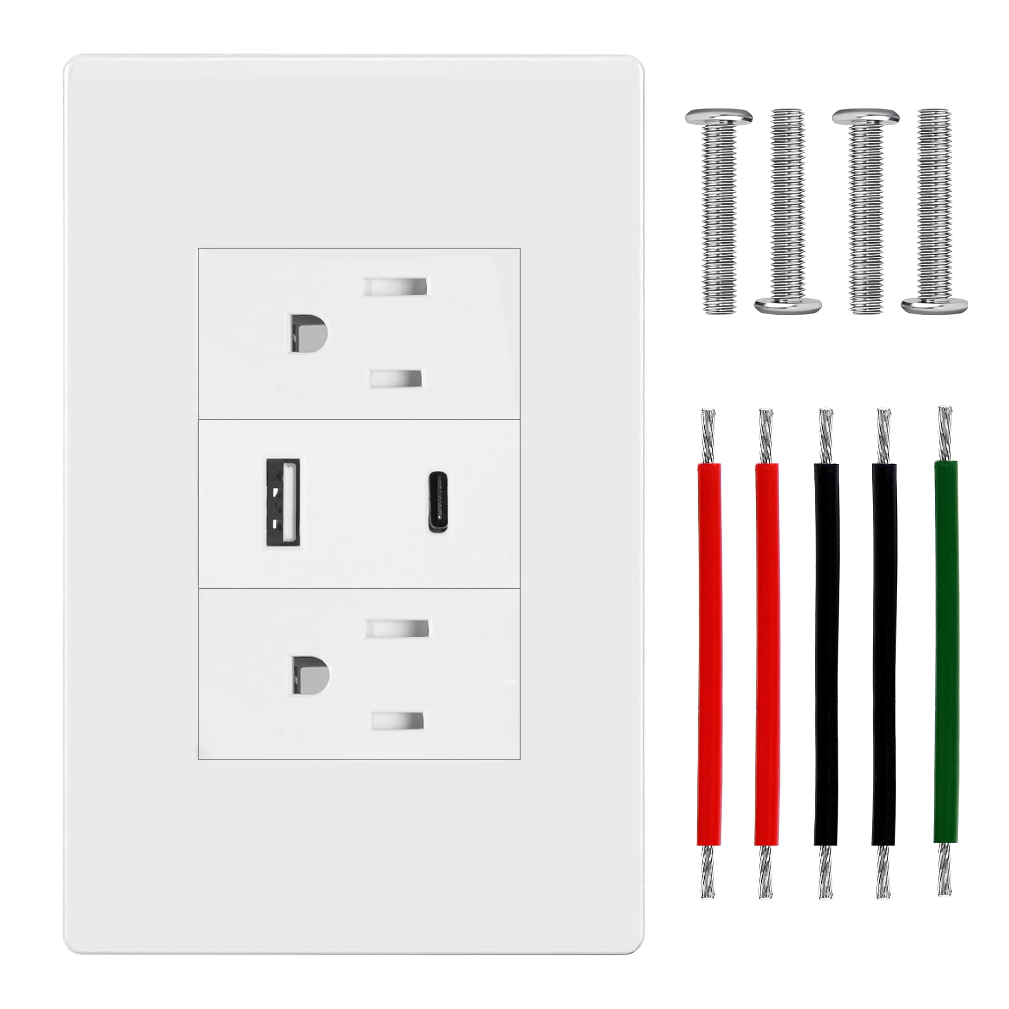 AWINLI Prise de courant USB, prise murale double port USB, prise inviolable duplex de 10 A, prise de charge avec port USB C, vis et plaque murale, 1 lot (blanc)