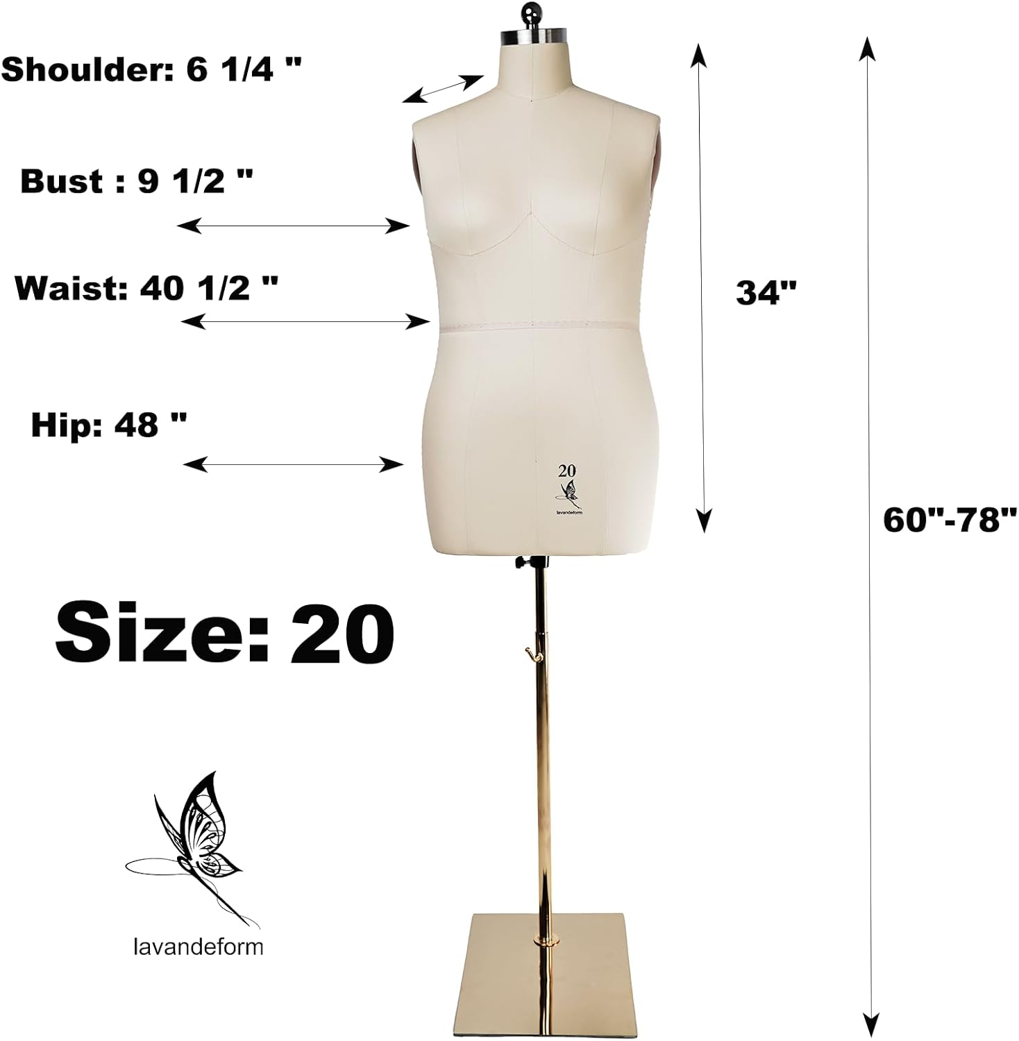 Female Sewing Mannequin, Size 20 Professional Dress Form for Display and Tailor DesignSewing Mannequin Foam Body for Pinning.Height Adjustable Torso with Stable Metal Base. (Beige, 20)