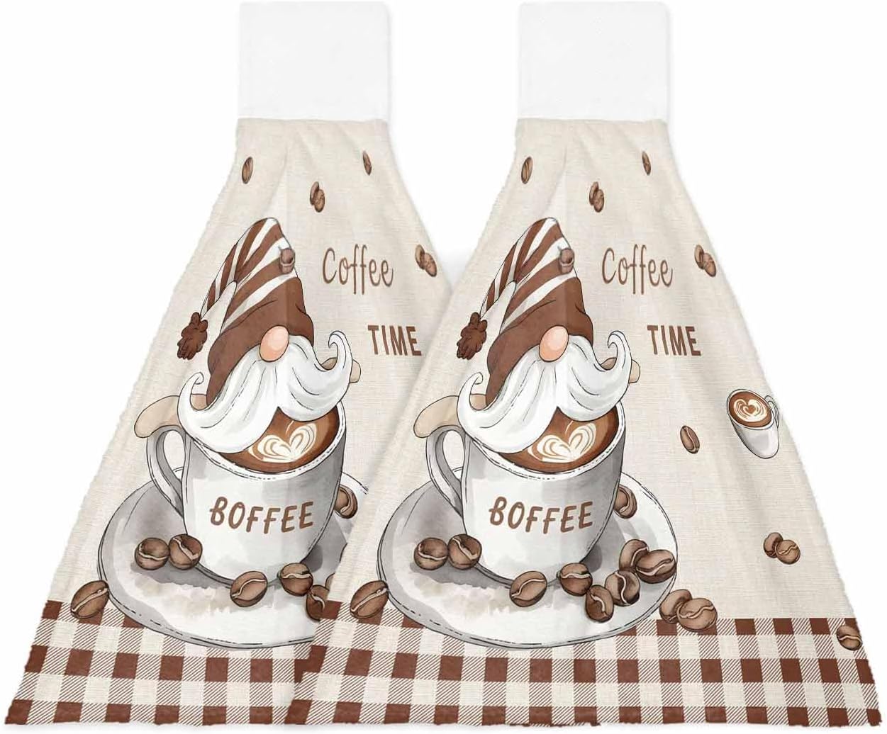 Hanging Kitchen Towels with Loop Gnome Coffee Time Hand Tie Towels Set of 2 Brown Plaid Soft Absorbent Dish Dry Towel for Kitchen Bathroom Tabletop Tea Bar Decor Housewarming Gift