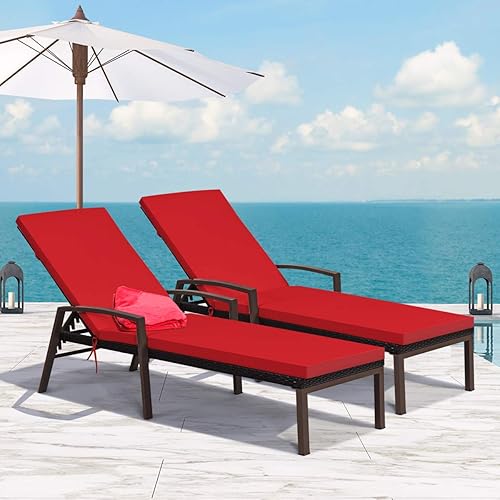 Miniatura 8 de RELAX4LIFE Chaise lounge para exteriores, silla de piscina de ratán ajustable de 5 posiciones con cojín, silla reclinable, marco de metal, tumbona