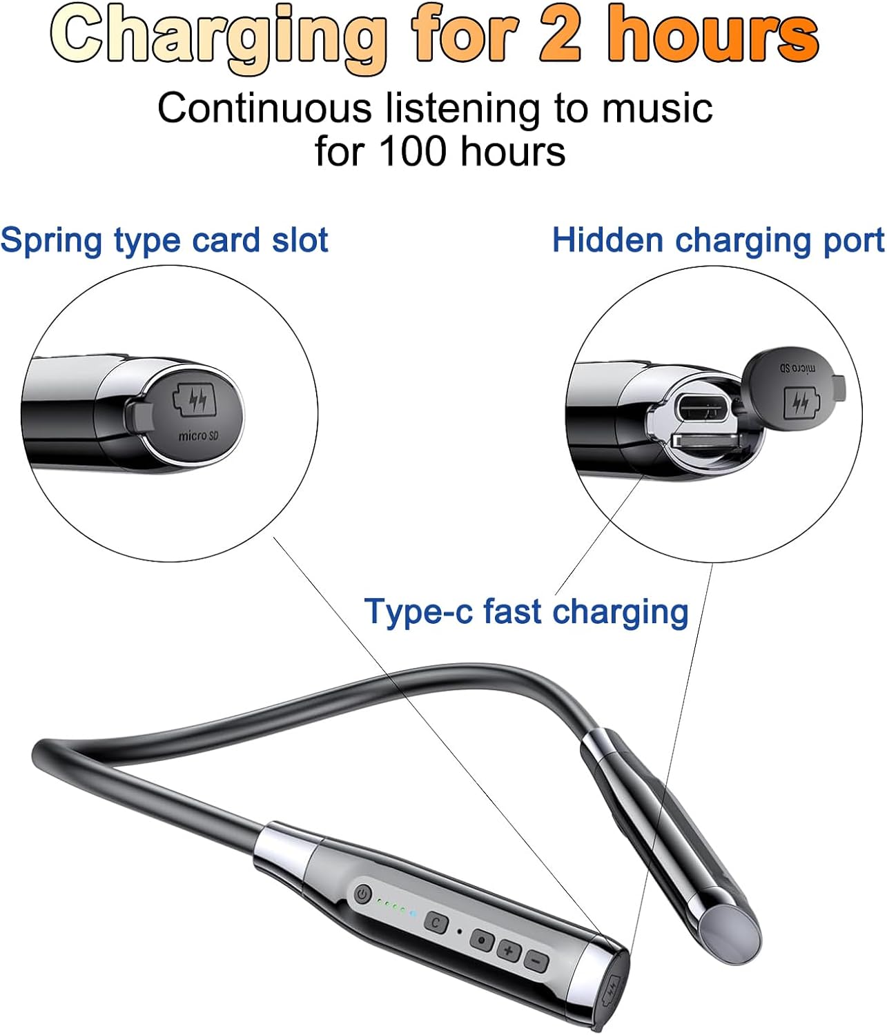 Neckband Bluetooth Headphones,6.0 Bluetooth 120 Hours Playtime,IPX7 Sports Waterproof Earbuds with Microphone Noise Cancelling with TF Card Slot ,HiFi Stereo (Black) - Image 5