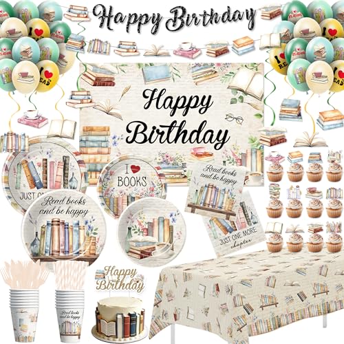 Owelleny Book Birthday Party Decorations Retro Library Reading Theme Story Book Club Party Supplies Plate Napkin Cup Banner Backdrop Tablecloth Balloon Topper Swirls Cutlery Serves 24