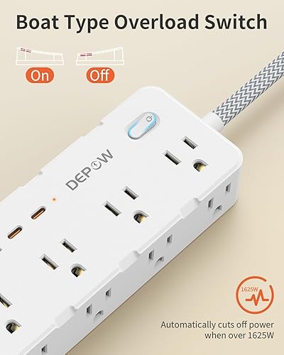 Miniatura 4 de Regleta protectora contra sobretensiones, cable de extensión trenzado de 5 pies con múltiples tomas, 8 salidas de CA, 4 puertos USB (2 USB C),
