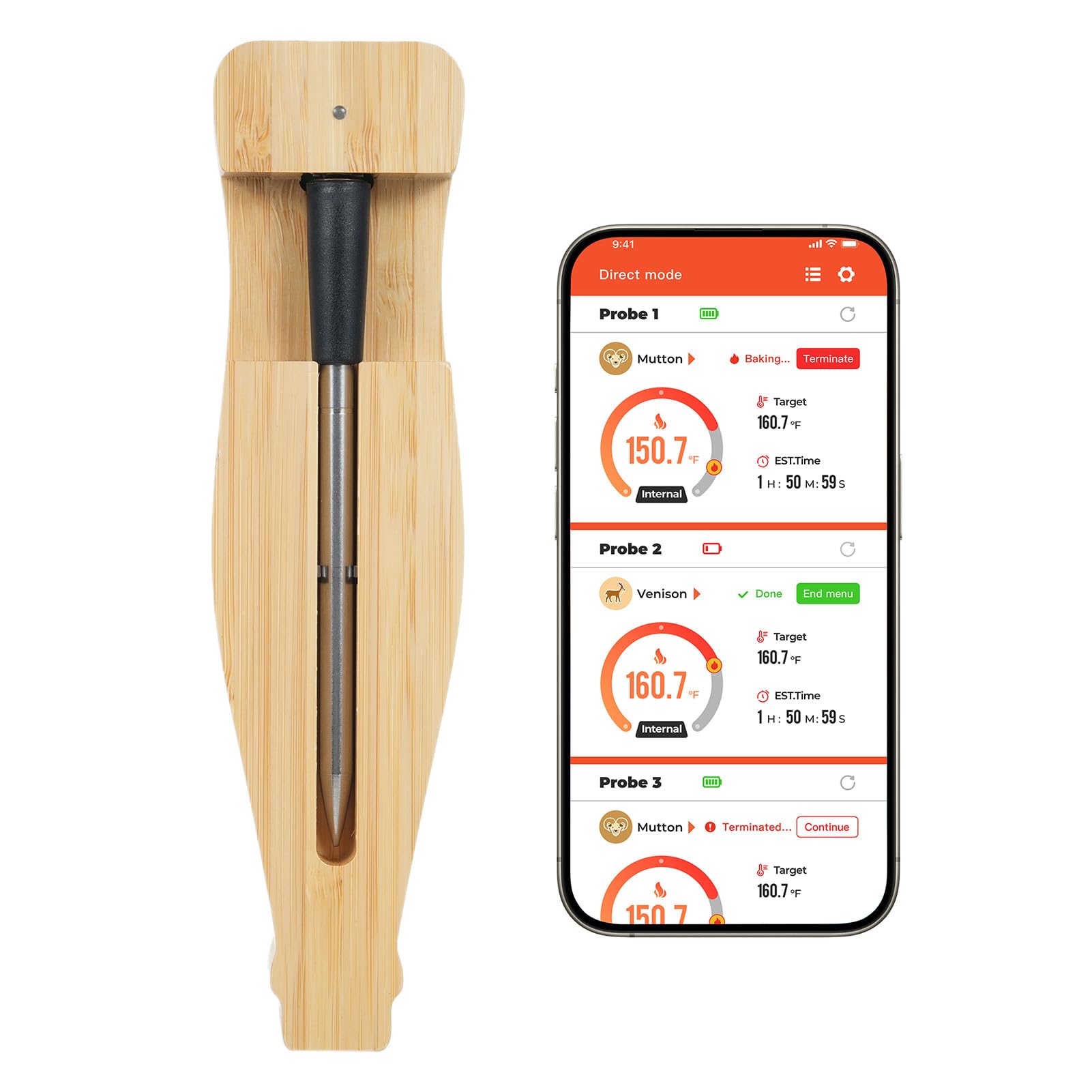 Termometro per carne Bluetooth intelligente Indicatore temperatura alimenti wireless con 6 sonde Monitoraggio APP Ricarica rapida per barbecue Grigliate Forno Cottura Acciaio