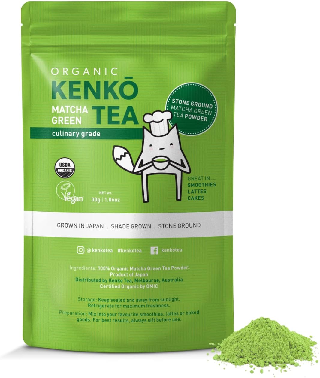 Matcha Green Tea Powder - USDA Organic, Pure & Authentic Japanese Matcha, Second Harvest Culinary Grade Matcha for Green Tea Lattes, Smoothies and Baking. 15 Serves in a 30g bag (1.06oz)