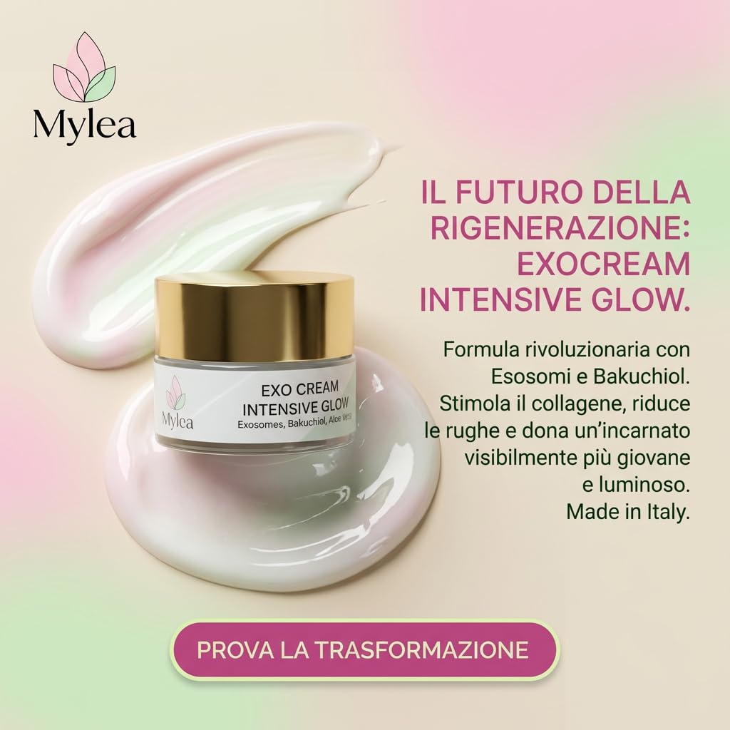 Mylea ExoCream Crema Viso Antirughe Esosomi e Bakuchiol anti age 50ml | Crema idratante antimacchie, texture ricca, riduce rughe e discromie, pelle luminosa e compatta, made in Italy