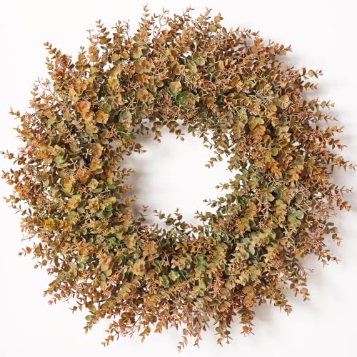 Image of 32 inchArtificial Eucalyptus Wreath with Seed for Front Door Decor(Fall Orange) | Large Size, Fake Autumn Plant Wreath, UV-Resistant, for Outdoor,Front Porch,Window,Farmhouse,Home,Harvest Day,Wall Decoration
