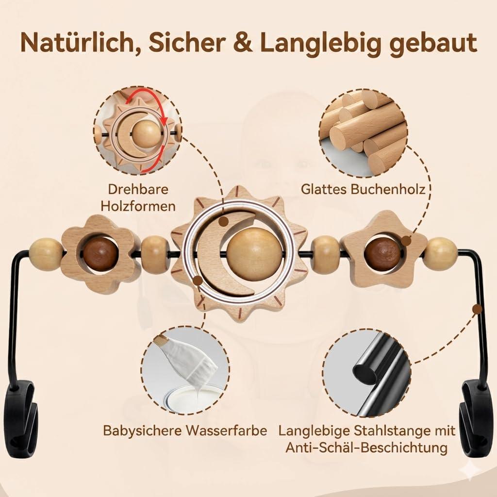 Spielzeug für Babywippe, kompatibel mit Baby Björn Bouncer Balance Soft & Bliss, drehbare Holzspielzeugstange, sensorisches Spielzeug für Babys jeden Alters (Sonne und Mond)
