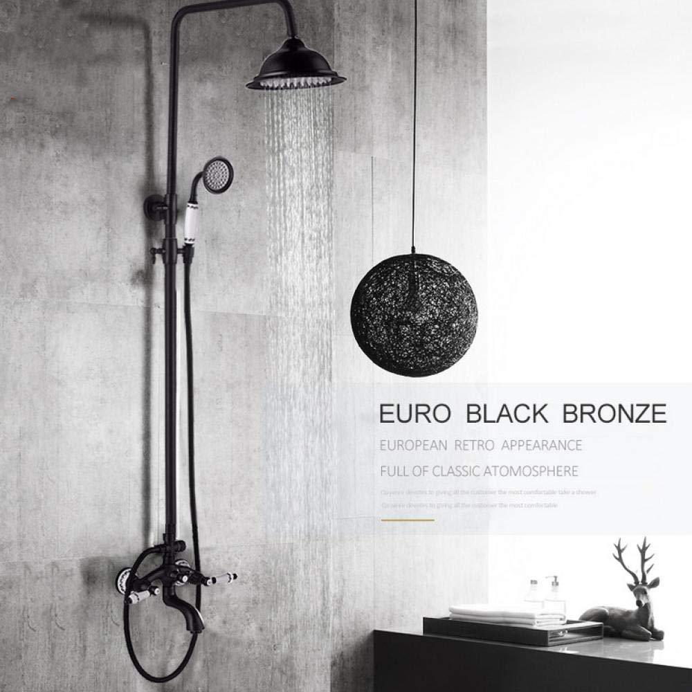 Yniyujkl Black Antique Brass Shower Faucet Set Porcelain Deco Bathtub Shower Kit Spray Dual Knobs Mixer Tap Swivel Tub Spout